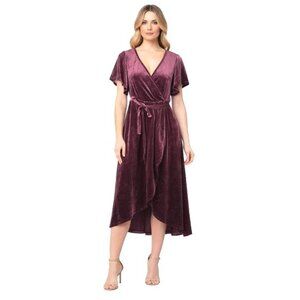 Badgley Mischka Glitter Velvet Wrap Dress Midi Flutter Sleeve Burgundy PS New